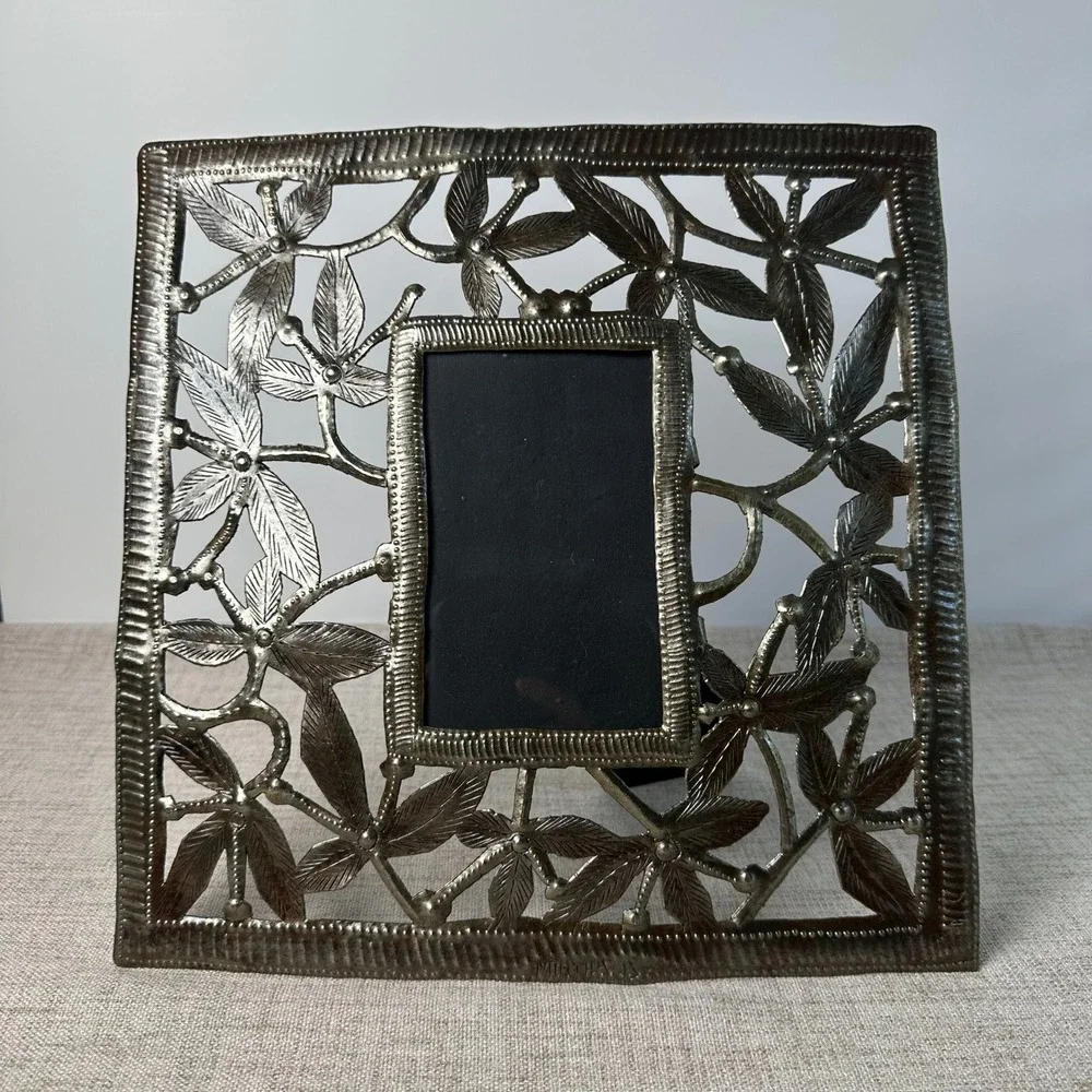 Heart of Haiti Macy's 4x6 Floral Metal Picture Frame Haitian Folk Art Signed